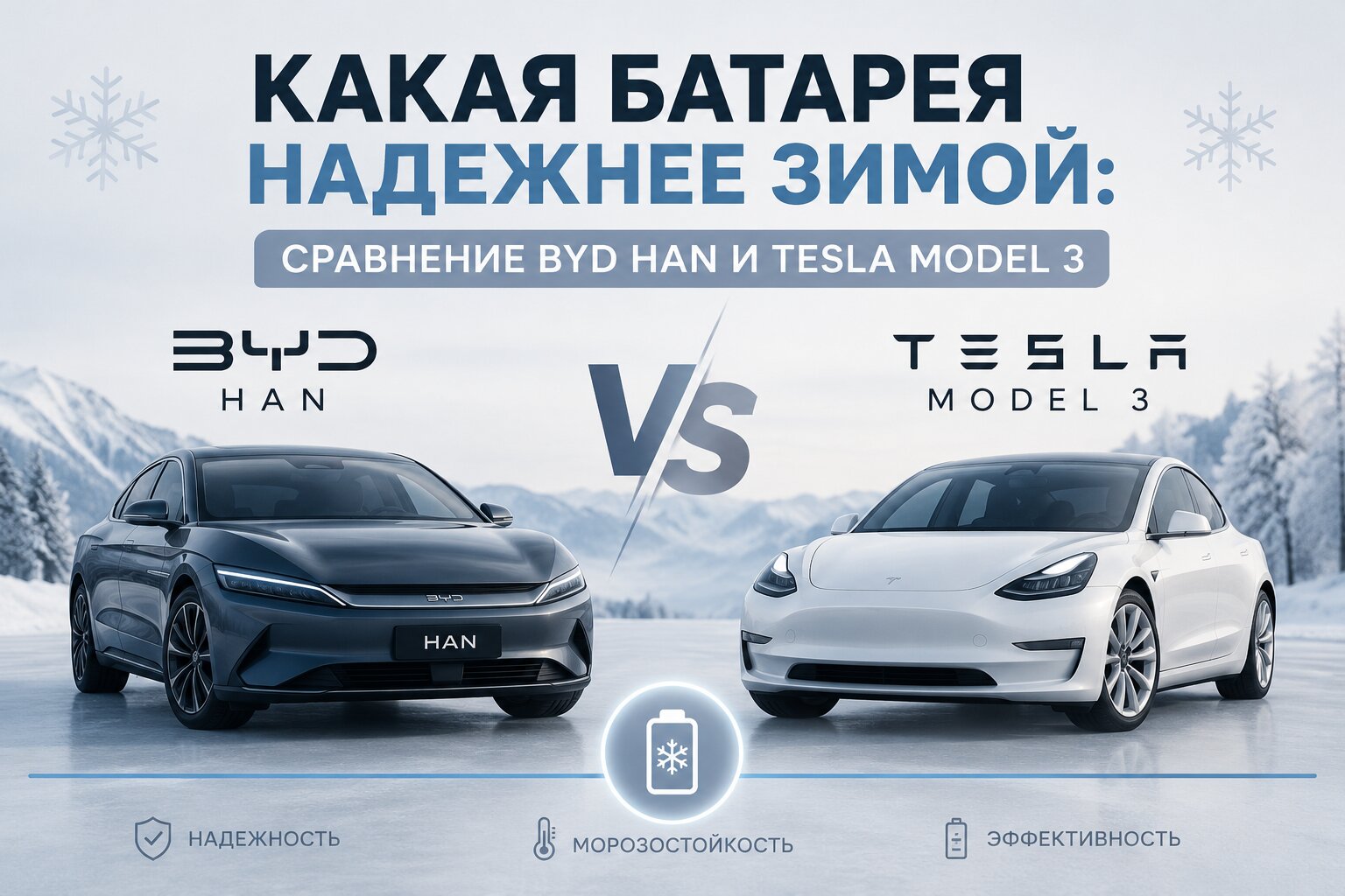 Сравнение BYD Han и Tesla Model 3: какая батарея надежнее зимой? Реальный запас хода на морозе, поведение LFP и NMC аккумуляторов в холода и что выбрать.